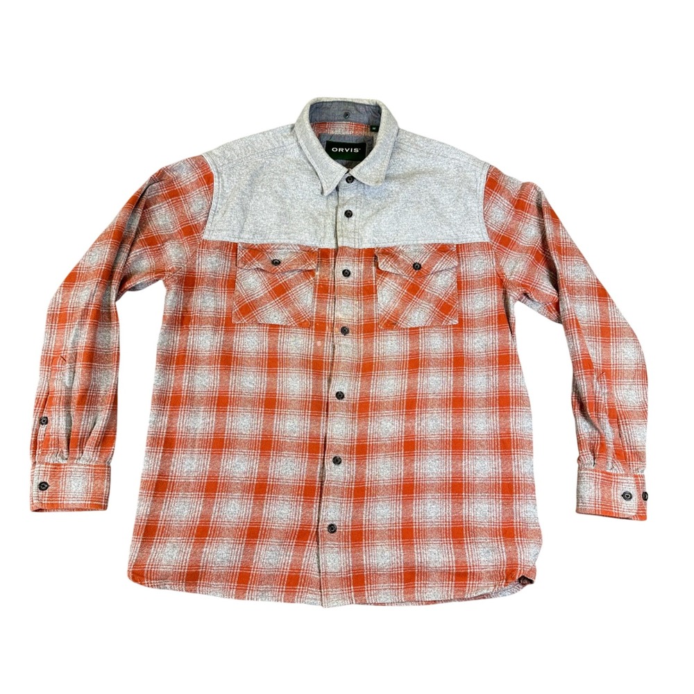 Orvis Mens Active Fit Flannel Shirt Orange Grey Plaid Contrast Yoke Medium